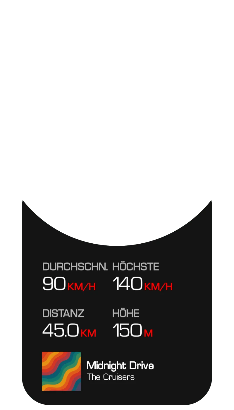 Trip statistics with music integration displaying average speed, top speed, distance, altitude, and currently playing song with album art