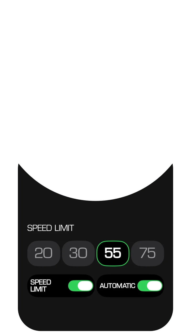 Speed limit settings view with options to enable/disable alerts, select default limits, or enable automatic road-based speed limits