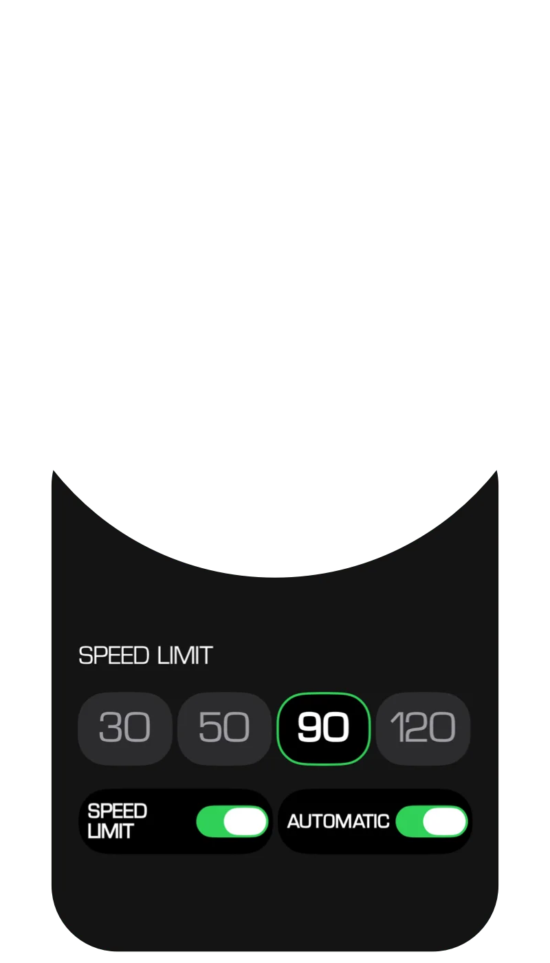 Speed limit settings view with options to enable/disable alerts, select default limits, or enable automatic road-based speed limits