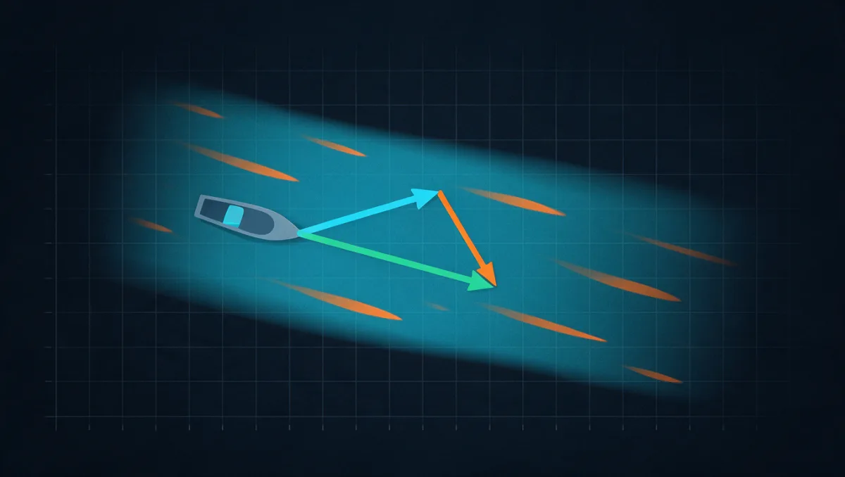 Top-down diagram of a boat with three arrows forming a triangle: a cyan arrow for speed through the water, a longer green arrow for speed over the ground, and an orange current arrow joining the cyan tip to the green tip.