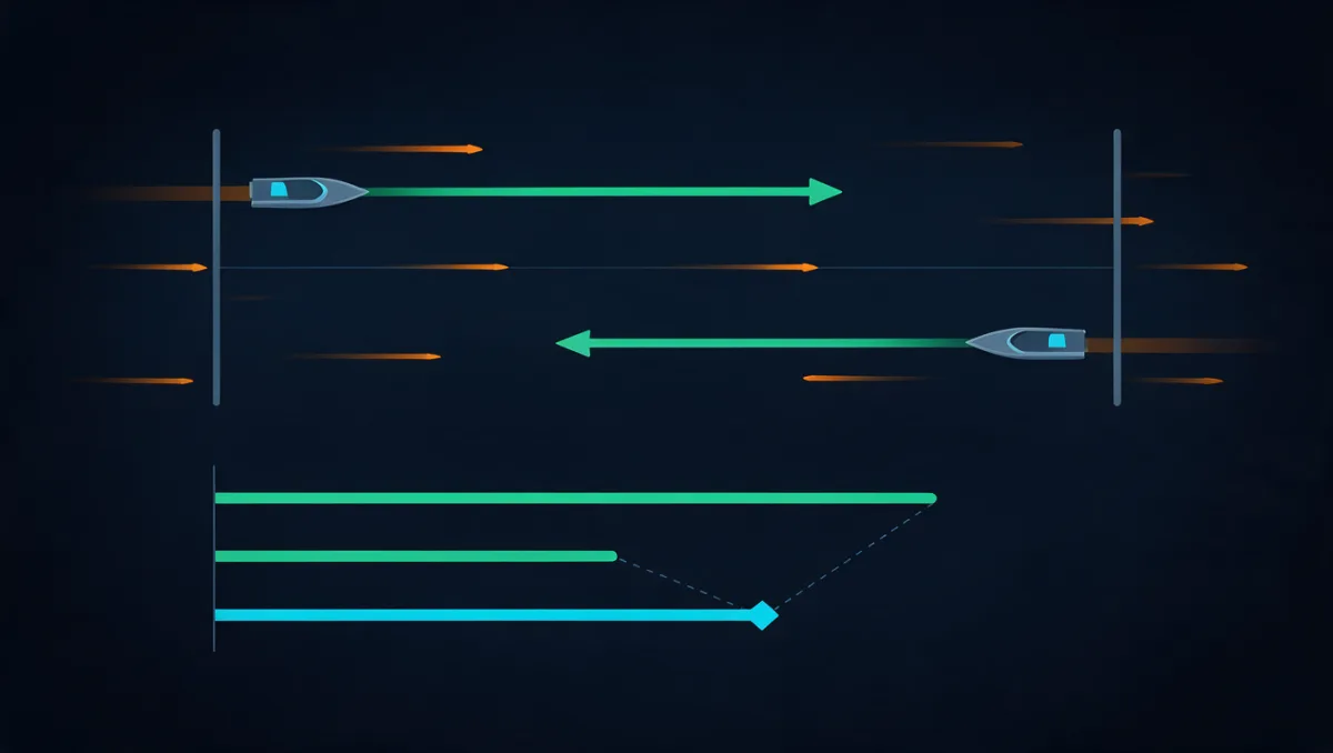 Diagram of two passes over the same course in opposite directions — a long green arrow with the current and a short green arrow against it — with three bars below showing the two results averaged into a cyan bar that ends midway between them.