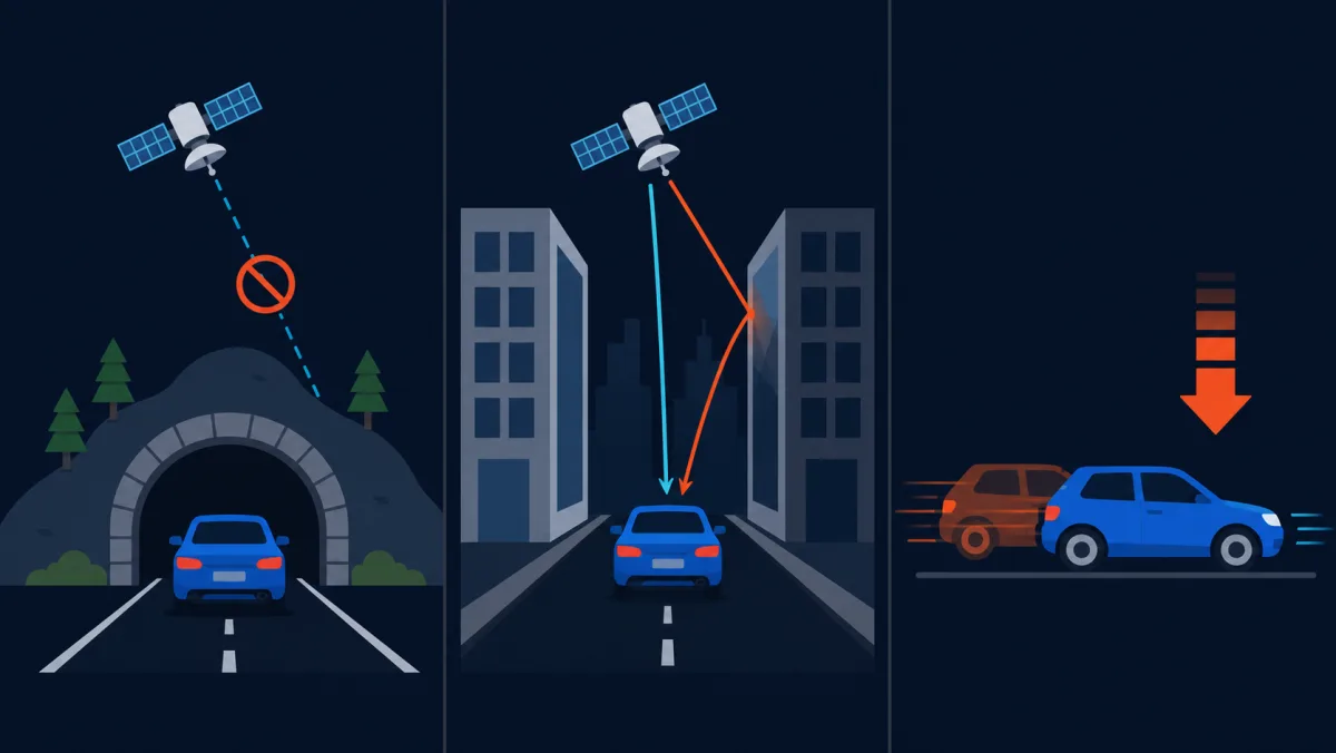 Drei Panels: ein Tunnel blockiert das Satellitensignal, hohe Gebäude verursachen Mehrwege-Reflexionen, und ein stark bremsendes Auto, dem der Empfänger kurz hinterherhinkt.