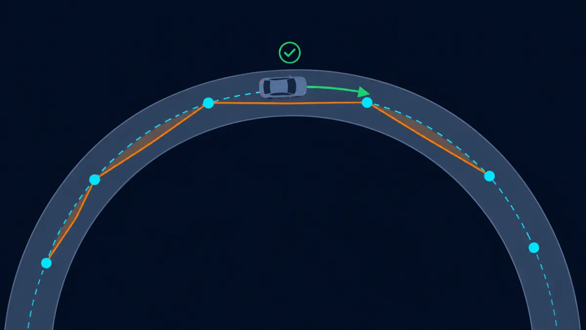 Diagrama: una carretera curva con muestras de posición GPS unidas por cuerdas rectas que cortan por dentro del arco, mostrando que la distancia registrada queda corta mientras la lectura de velocidad se mantiene fiel.
