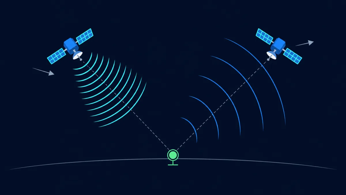 Desplazamiento Doppler: un satélite que se acerca al receptor comprime la onda portadora en una frecuencia más alta, mientras que uno que se aleja la estira en una frecuencia más baja; la magnitud del desplazamiento codifica tu velocidad relativa.