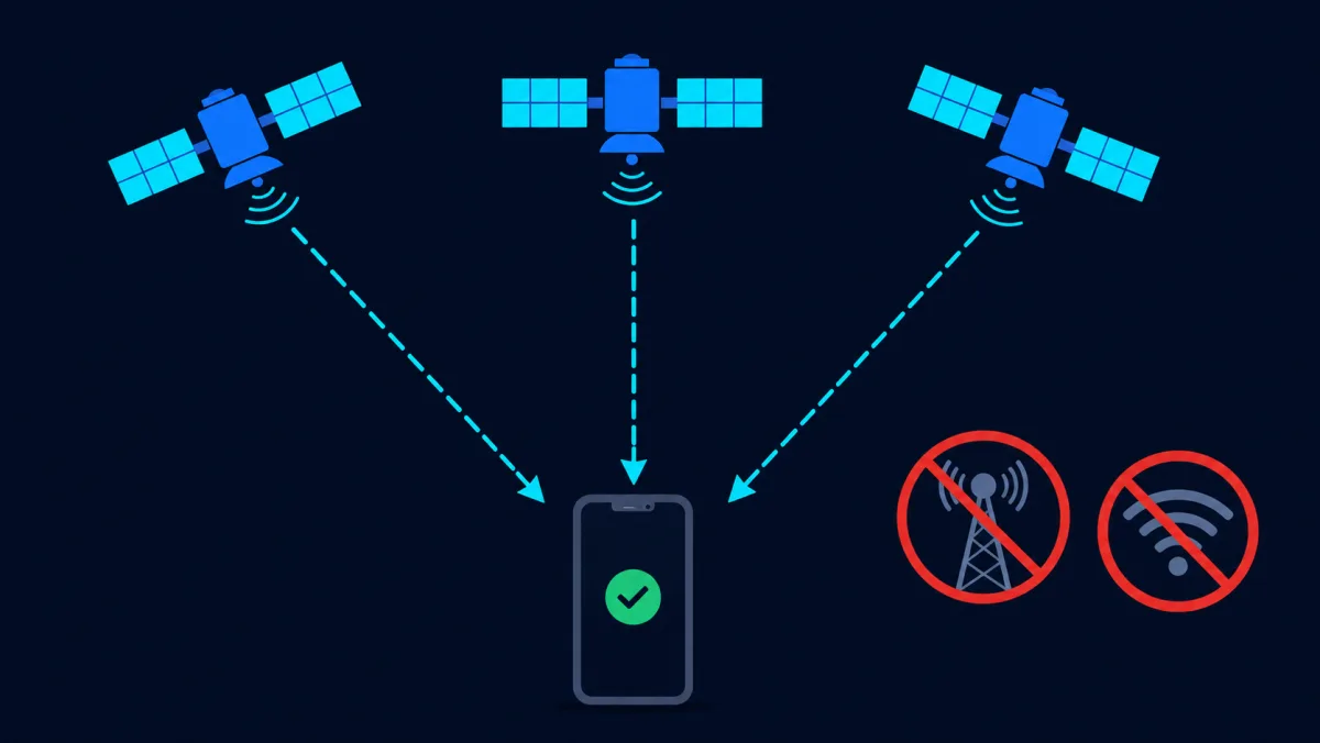 Diagramm: GPS-Satelliten senden Signale in eine Richtung nach unten zu einem Telefon, während ein Mobilfunkmast und ein WLAN-Symbol durchgestrichen sind — GPS benötigt weder Internet noch Mobilfunkverbindung.