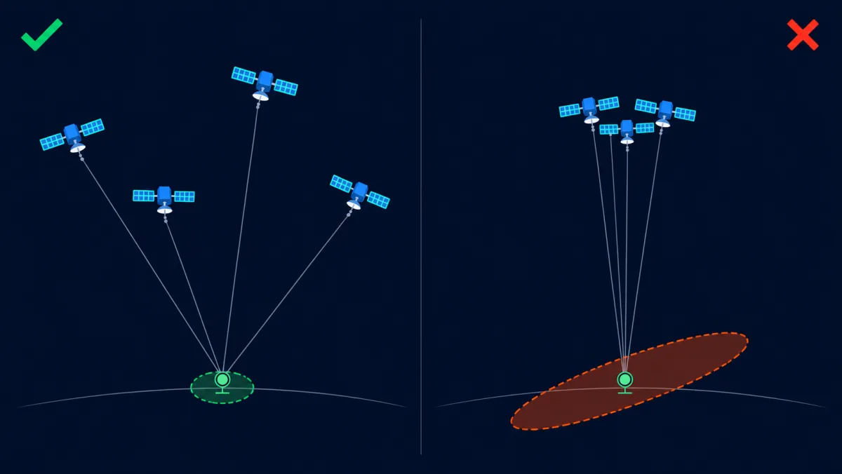 Geometría satelital: satélites bien separados producen una región de error pequeña y ajustada alrededor del receptor (HDOP bajo, buena posición), mientras que satélites agrupados producen una región de error grande y estirada (HDOP alto, mala posición).