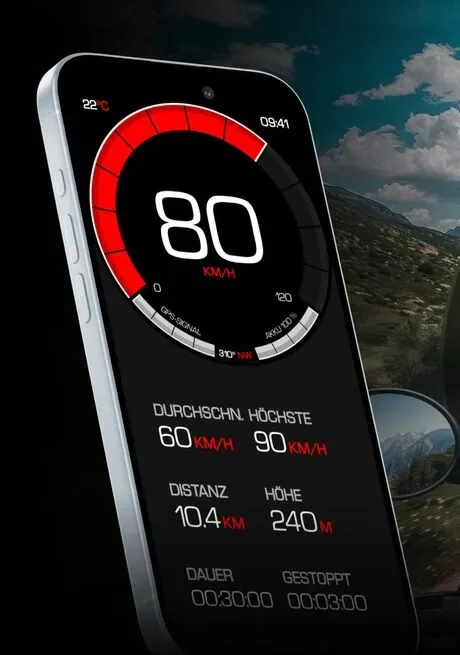 Tachometer Tempolimit HUD Auto auf einem iPhone: eine 80-km/h-Anzeige mit Durchschnitts- und Höchstgeschwindigkeit, Distanz, Höhe und Dauer darunter.
