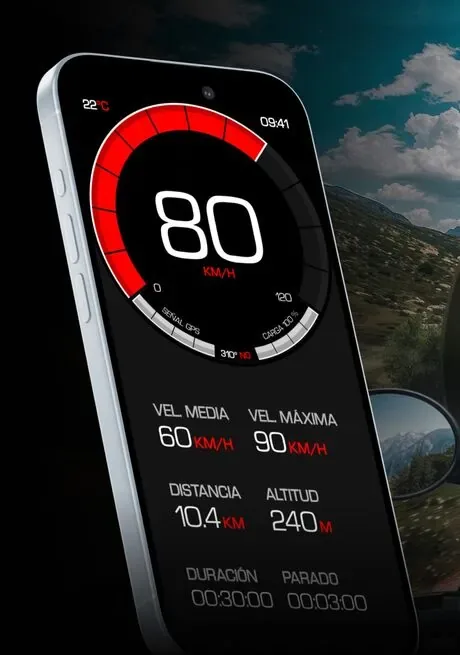 Velocímetro Velocidad GPS HUD en un iPhone: un indicador de 80 km/h con velocidad media y máxima, distancia, altitud y duración debajo.