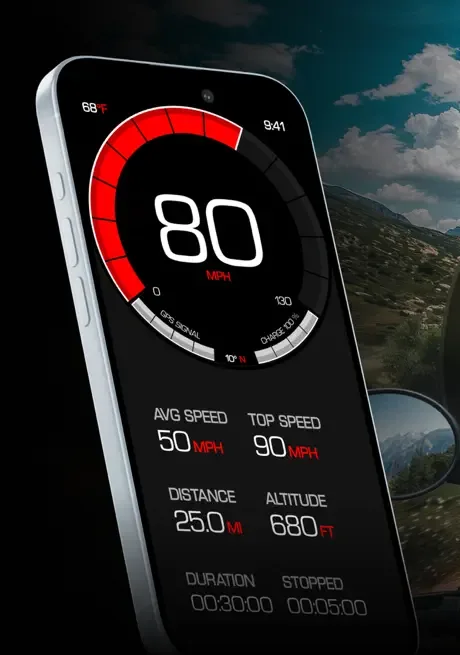 Car & Cruise GPS Speedometer sur un iPhone : un cadran à 80 MPH avec, en dessous, la vitesse moyenne, la vitesse maximale, la distance, l’altitude et la durée.