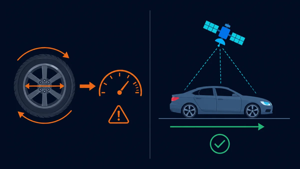 Diagramm, das zwei Geschwindigkeitsquellen vergleicht: ein sich drehendes Rad, das den Auto-Tacho speist und durch Reifengröße und Verschleiß verfälscht wird, gegenüber einem GPS-Satelliten, der die wahre Bodengeschwindigkeit misst, unbeeinflusst von allem unter dem Auto.