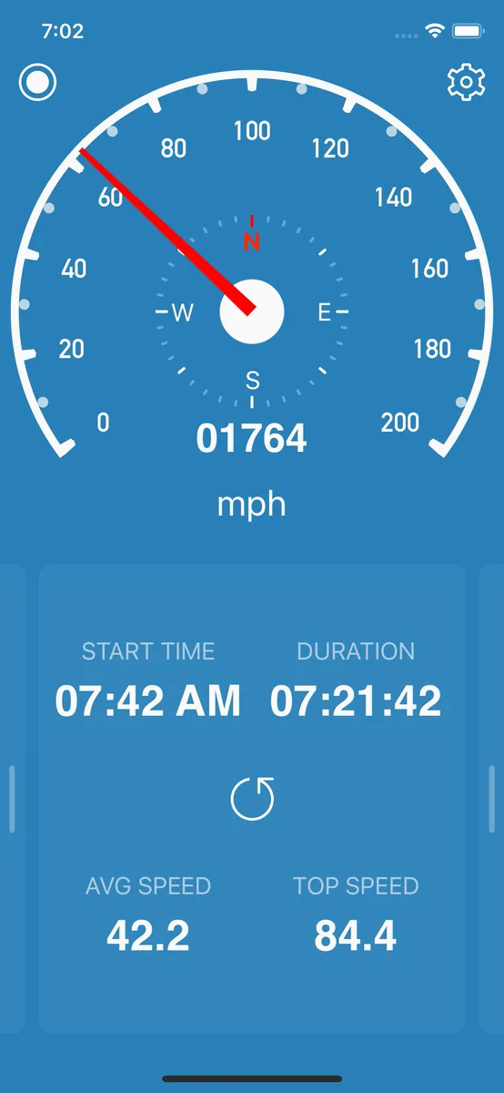 Compteur simple (WATT APPS) sur un iPhone : un cadran analogique gradué de 0 à 200 mph avec une aiguille rouge et une rose des vents au centre, au-dessus d’un panneau indiquant l’heure de départ, la durée, une vitesse moyenne de 42,2 et une vitesse maximale de 84,4.