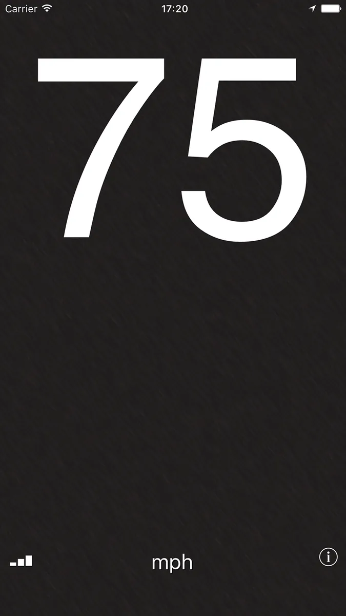 Compteur De Vitesse (Tim O’s Studios) sur un iPhone : un unique chiffre blanc très grand, 75, sur fond noir, avec l’unité mph en bas de l’écran.