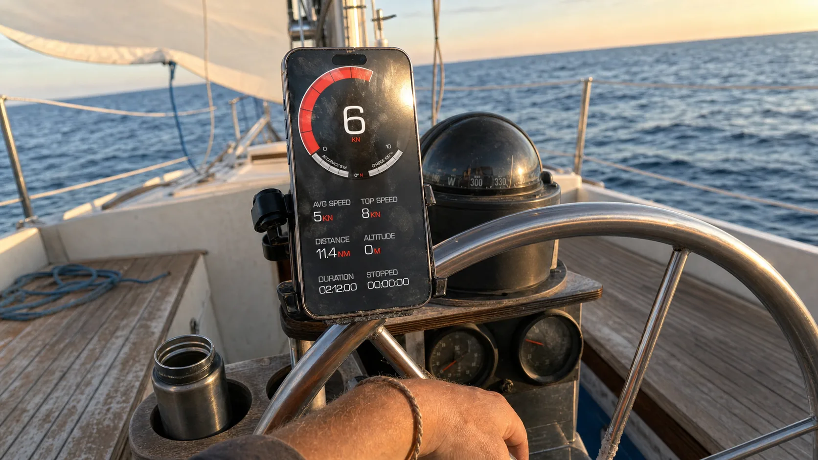 GPS Speedometer running on an iPhone clipped to the wheel pedestal of a sailing yacht at golden hour, alongside the analog binnacle compass