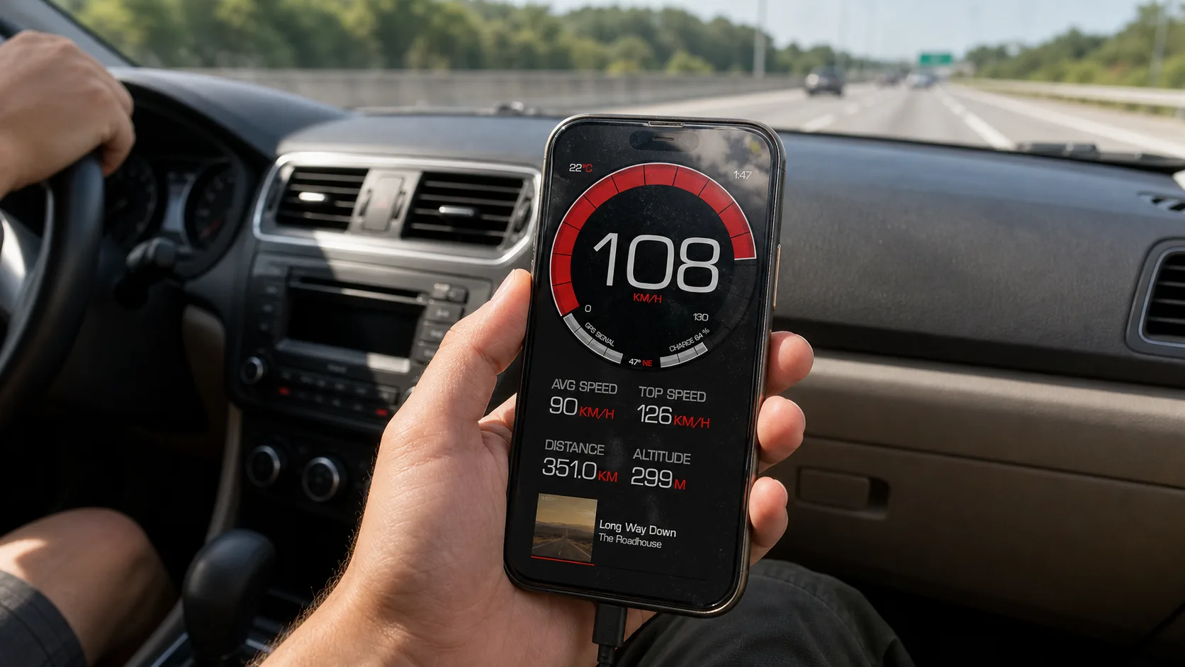 A road-trip passenger holding an iPhone showing GPS Speedometer's main view with multi-metric live data — speed, max, average, distance, altitude, climb, time, heading