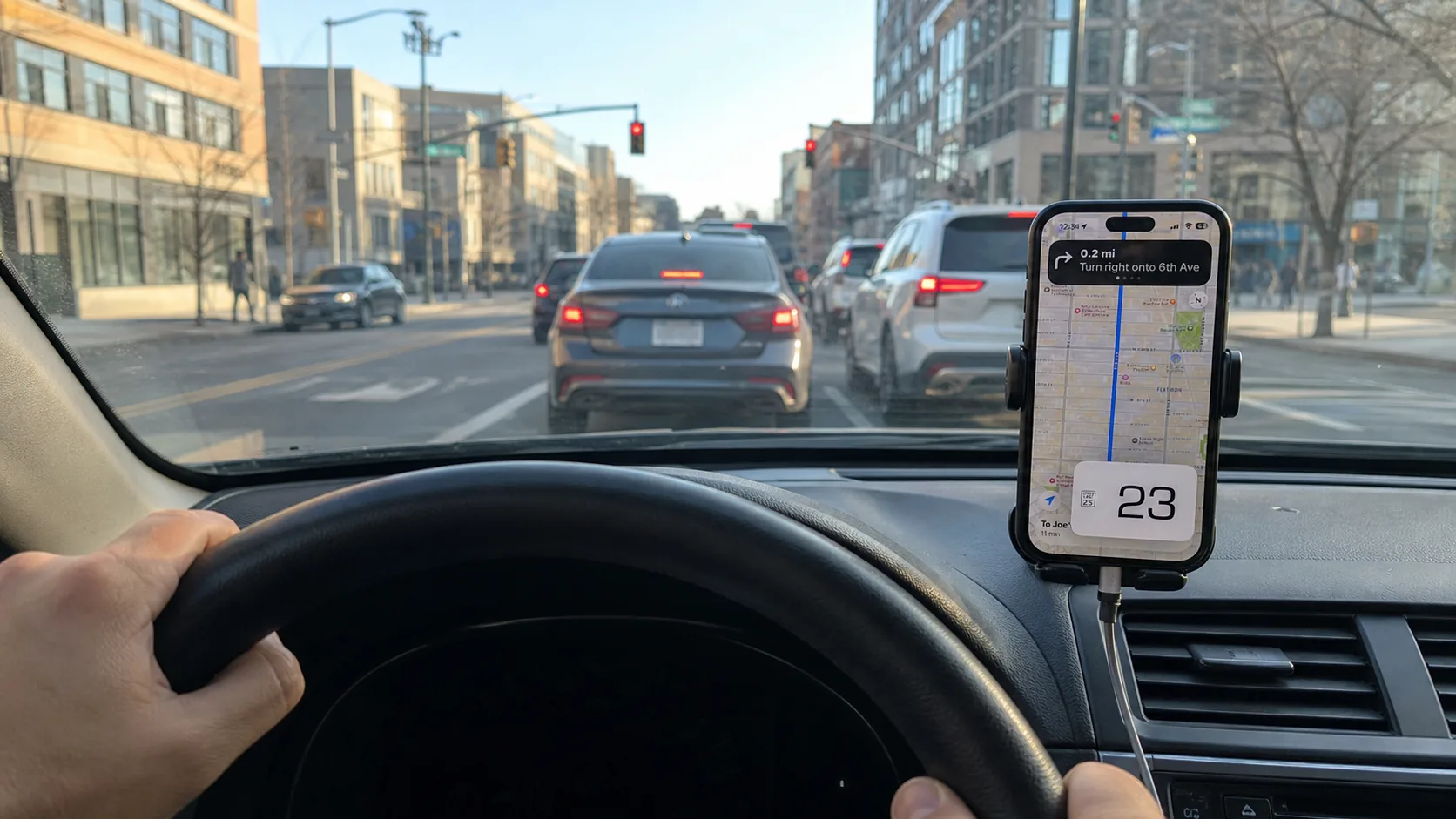 GPS Speedometer's Picture-in-Picture window floating over a navigation app on a dashboard-mounted iPhone in a real car