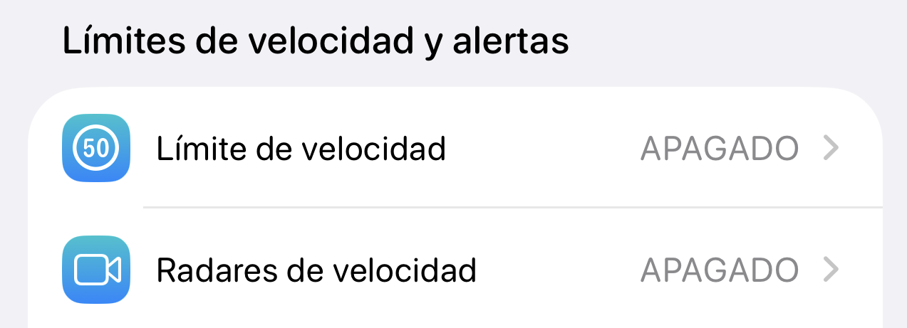 La sección Límites de velocidad y alertas de los ajustes de la app, con las entradas separadas de Límite de velocidad y Radares, ambas desactivadas.
