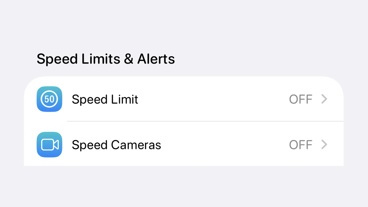 The Speed Limits & Alerts section of the app settings, showing separate Speed Limit and Speed Cameras entries, both switched off.
