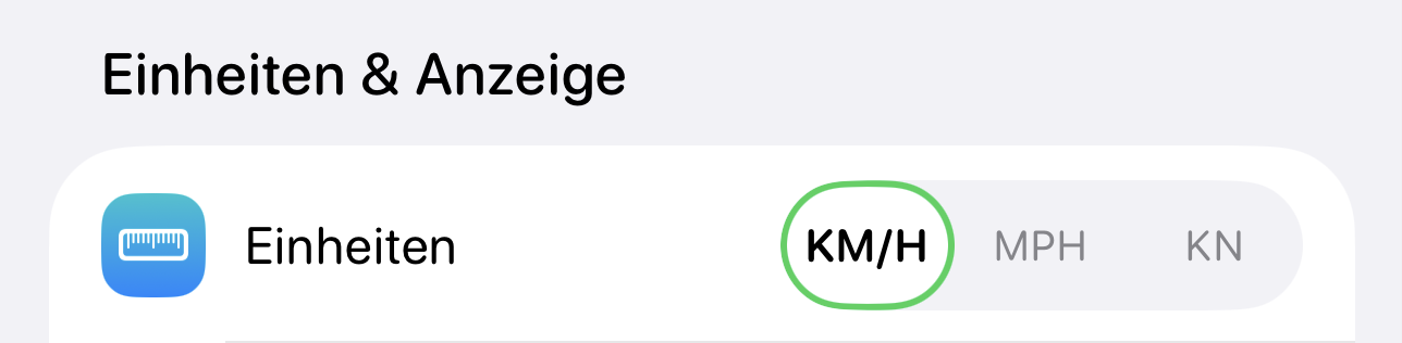 Der Bereich „Einheiten & Anzeige“ in den App-Einstellungen: Der Einheiten-Wähler zeigt KM/H ausgewählt, daneben die Optionen MPH und KN.