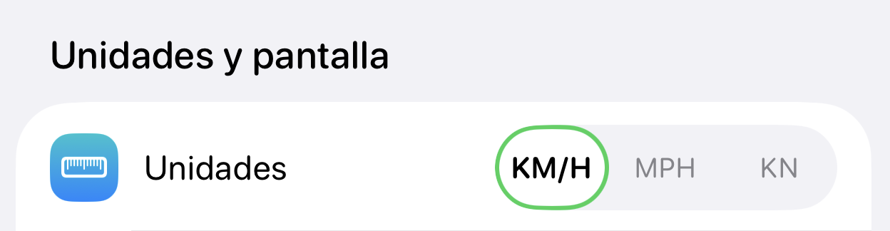 La sección Unidades y pantalla de los ajustes de la app, con el selector de unidad de velocidad mostrando KM/H seleccionado junto a las opciones MPH y KN.