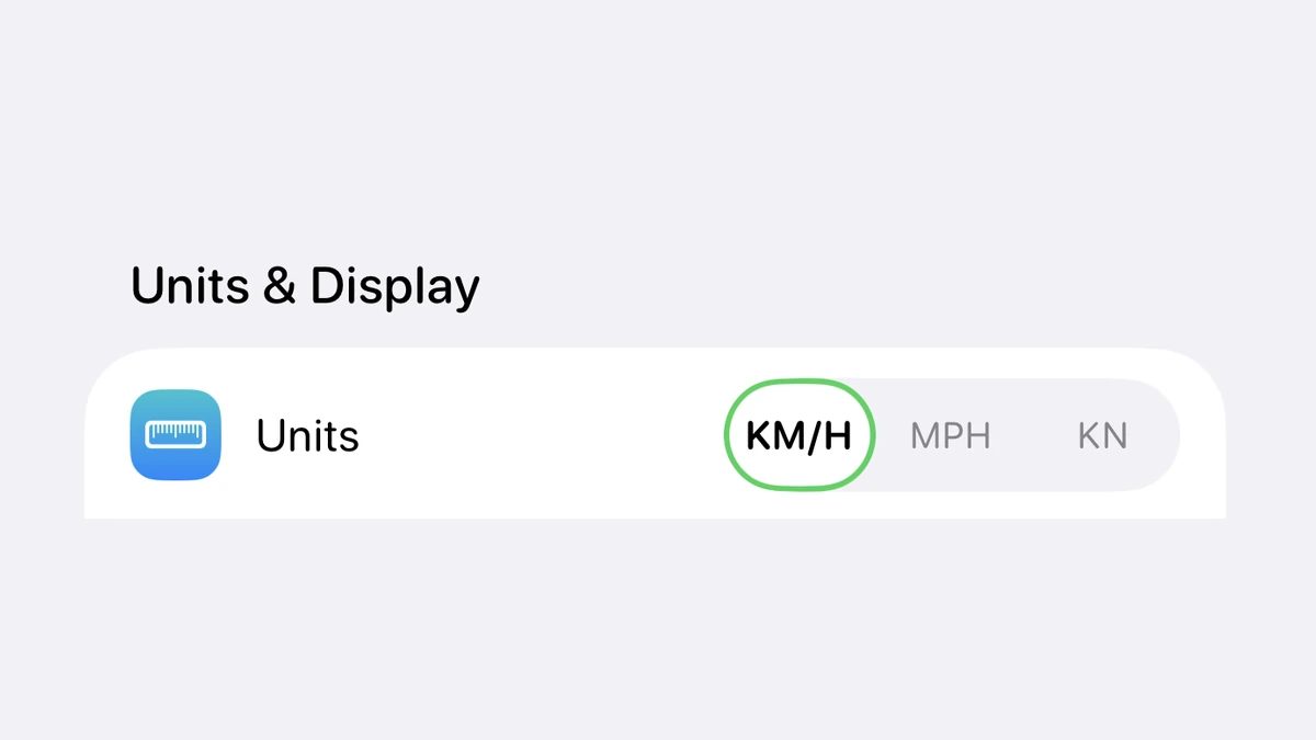 The Units & Display section of the app settings, with the speed-unit picker showing KM/H selected next to MPH and KN options.