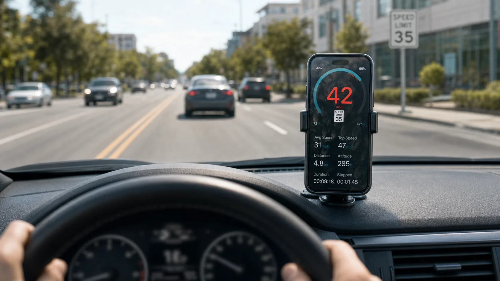 Ein auf dem Armaturenbrett montiertes iPhone zeigt GPS Speedometer mit einer rot blinkenden Tempolimit-Warnung, wenn der Fahrer die zulässige Geschwindigkeit überschreitet