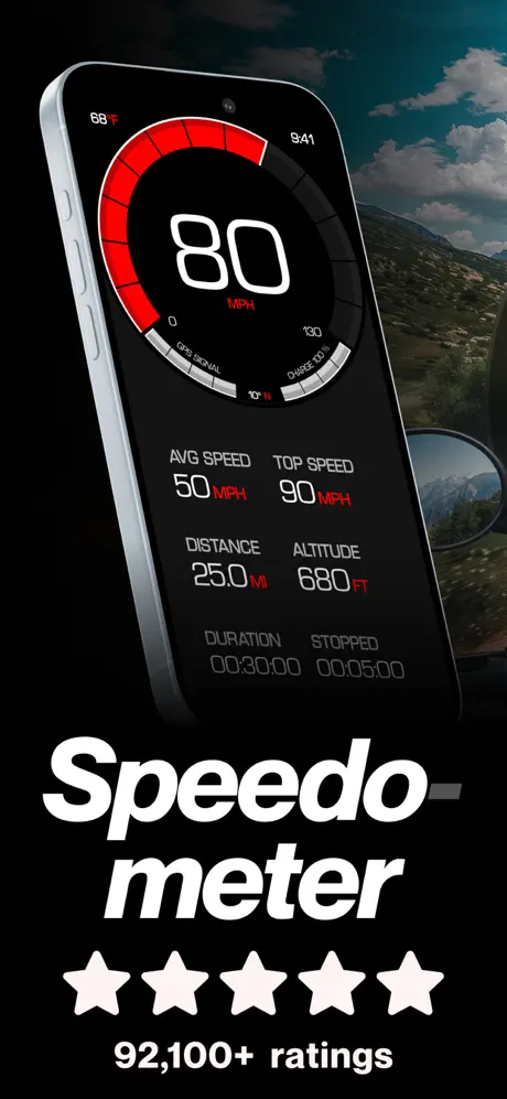 GPS Speedometer app — 80 MPH dial with average and top speed stats