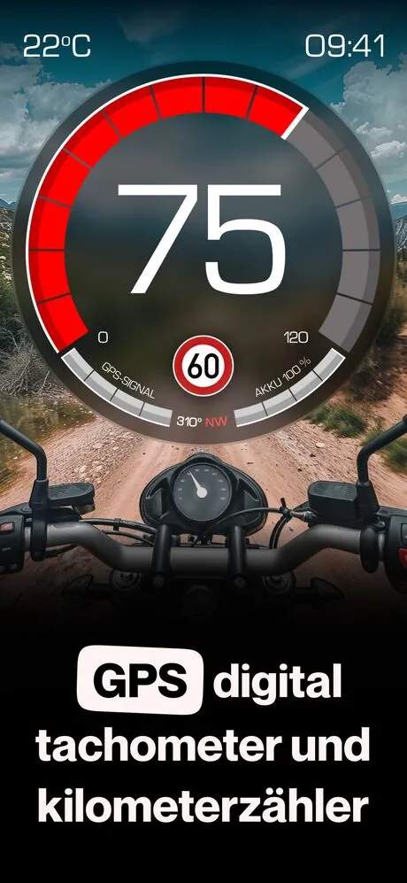 GPS Speedometer App — Vollbild-Tachometer bei 75 km/h mit 60 km/h Tempolimit