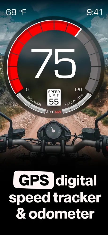 GPS Speedometer app — full-screen 75 MPH speedometer with 55 MPH speed limit